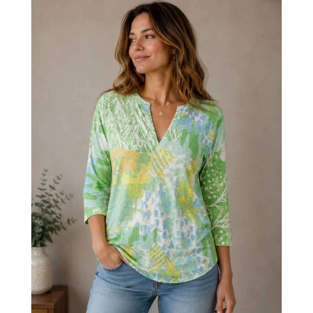 Atelier5 by Gozde Yilmaz Half Sleeve Tunic Top Green Multi Print Women's Small